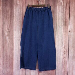 By Anthropologie Wide Leg Slit Hem Pants Womens Medium Elastic Waist Blue Cotton